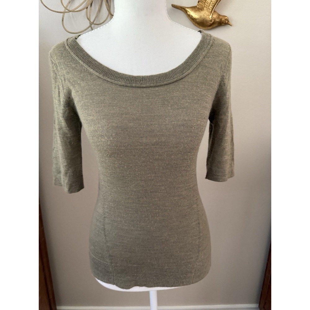 Donna Karan Collection Cashmere Silk Knit Top Taupe 3/4 Sleeve Scoop Neck P